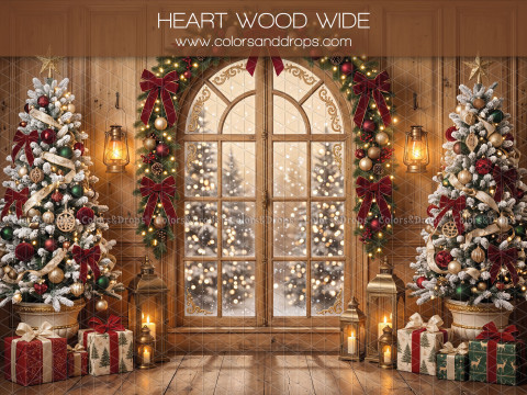 Christmas photo backdrop Heart Wood Wide – large arched Christmas window between two trees | Colors&Drops