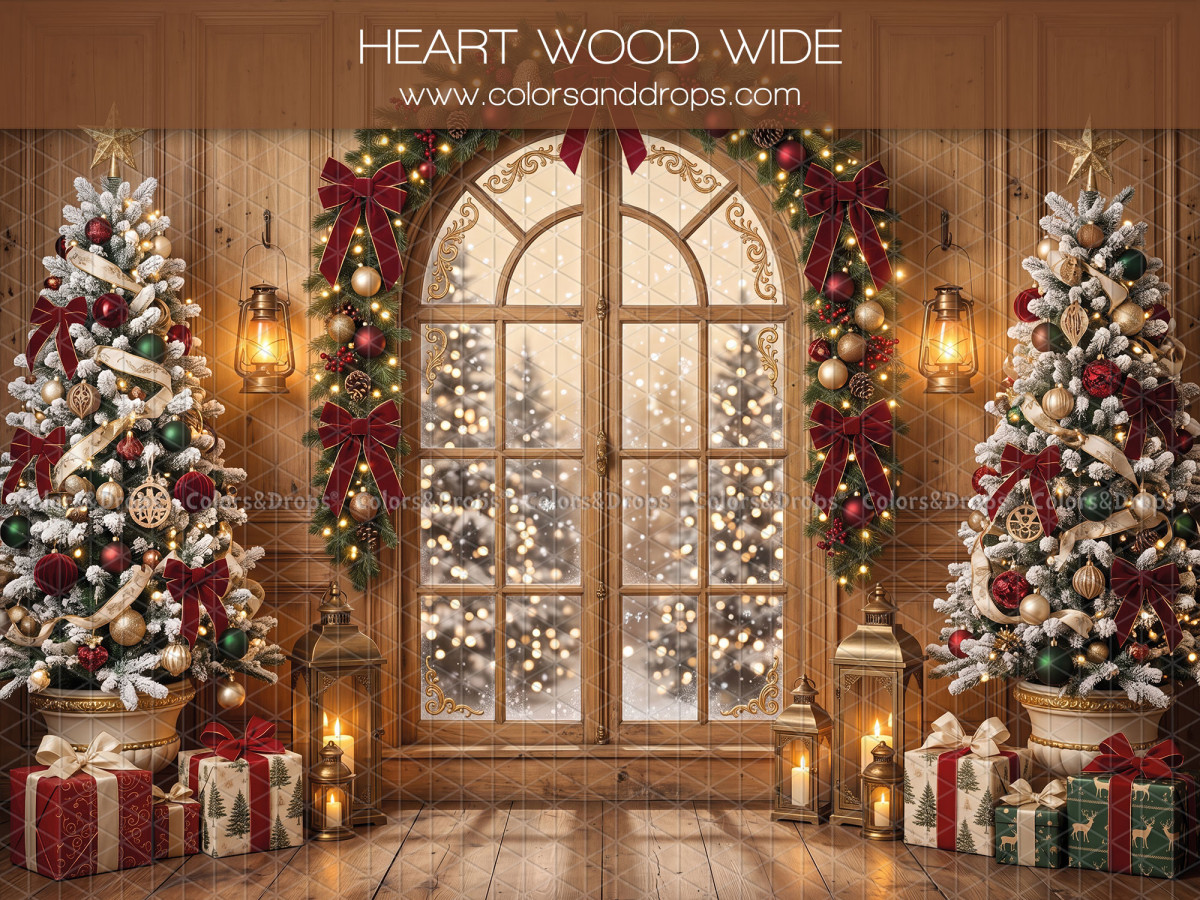 Christmas photo backdrop Heart Wood Wide – large arched Christmas window between two trees | Colors&Drops