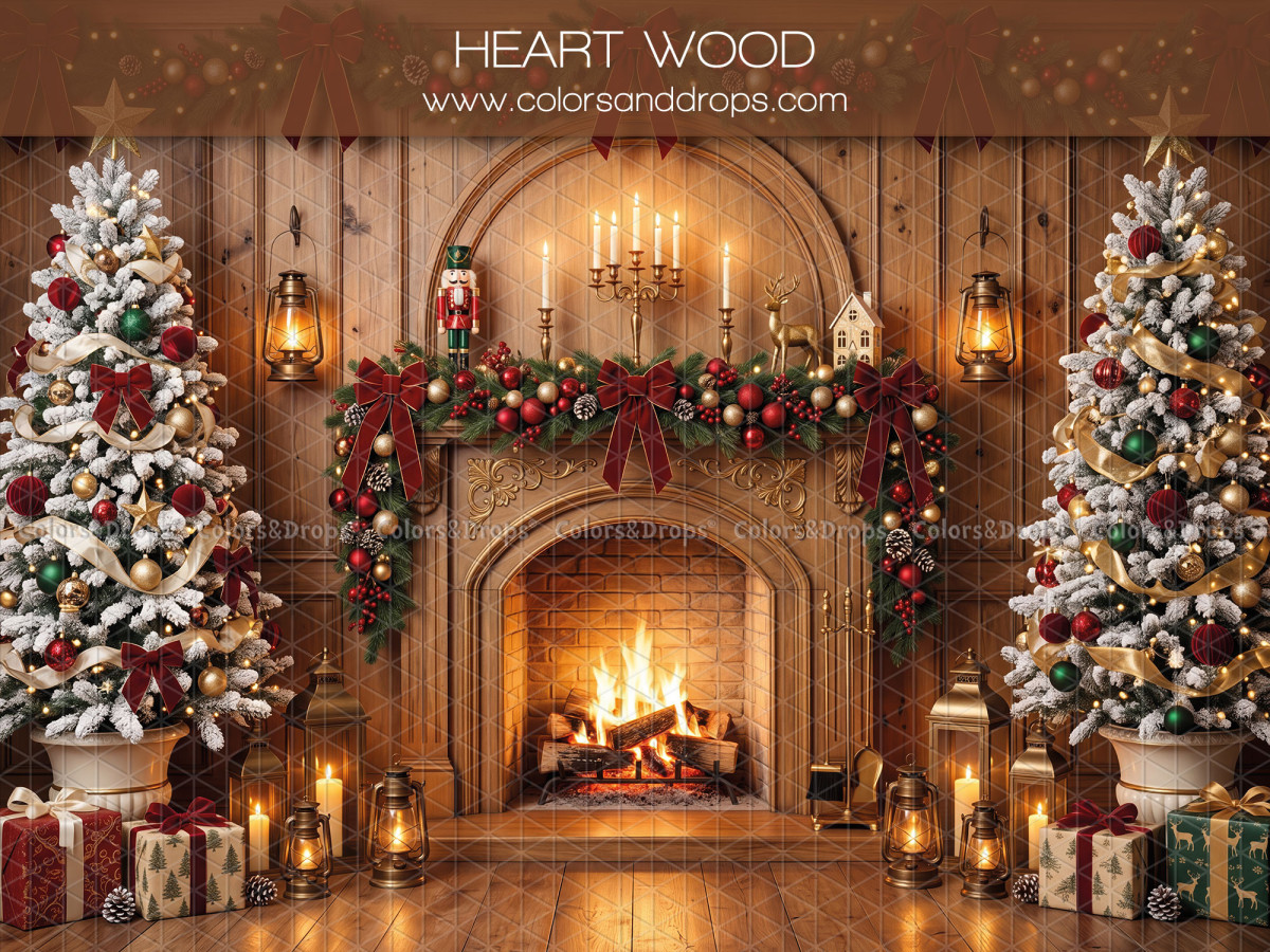 Fondo fotográfico de Navidad Heart Wood – chimenea navideña de madera entre dos árboles | Colors&Drops
