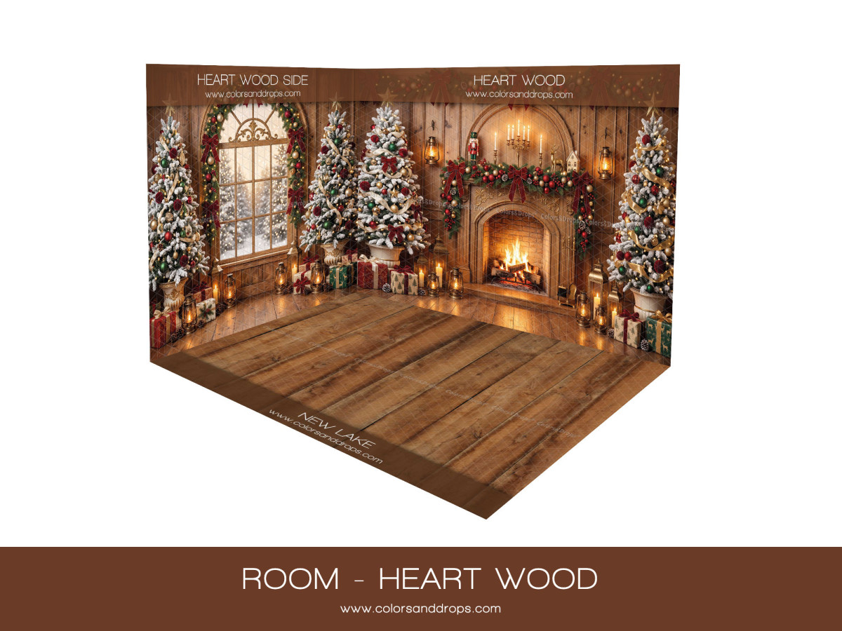 Fond photo d'angle de Noël Heart Wood – salon de Noël en bois en coin avec parquet | Colors&Drops