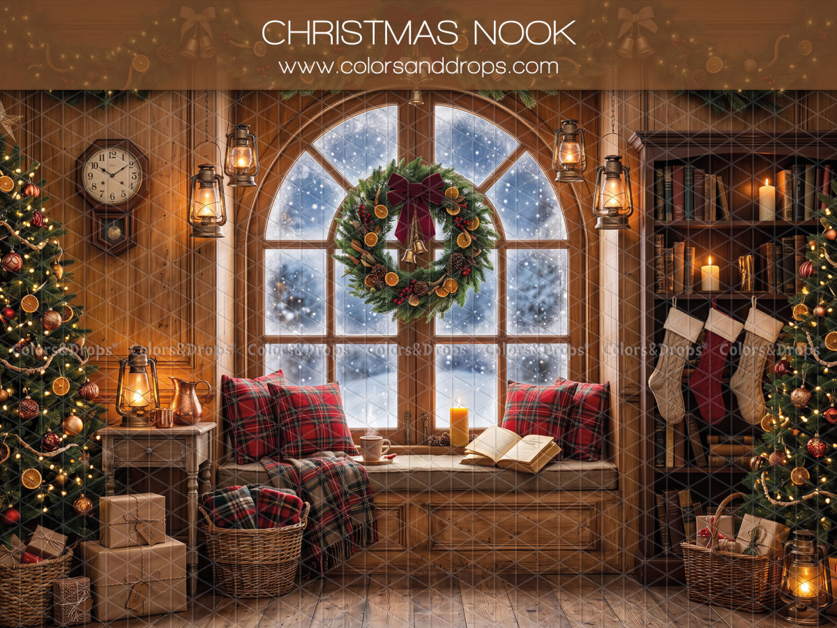 Fond photo de Noël Christmas Nook – coin lecture de Noël avec fenêtre et chaussettes | Colors&Drops