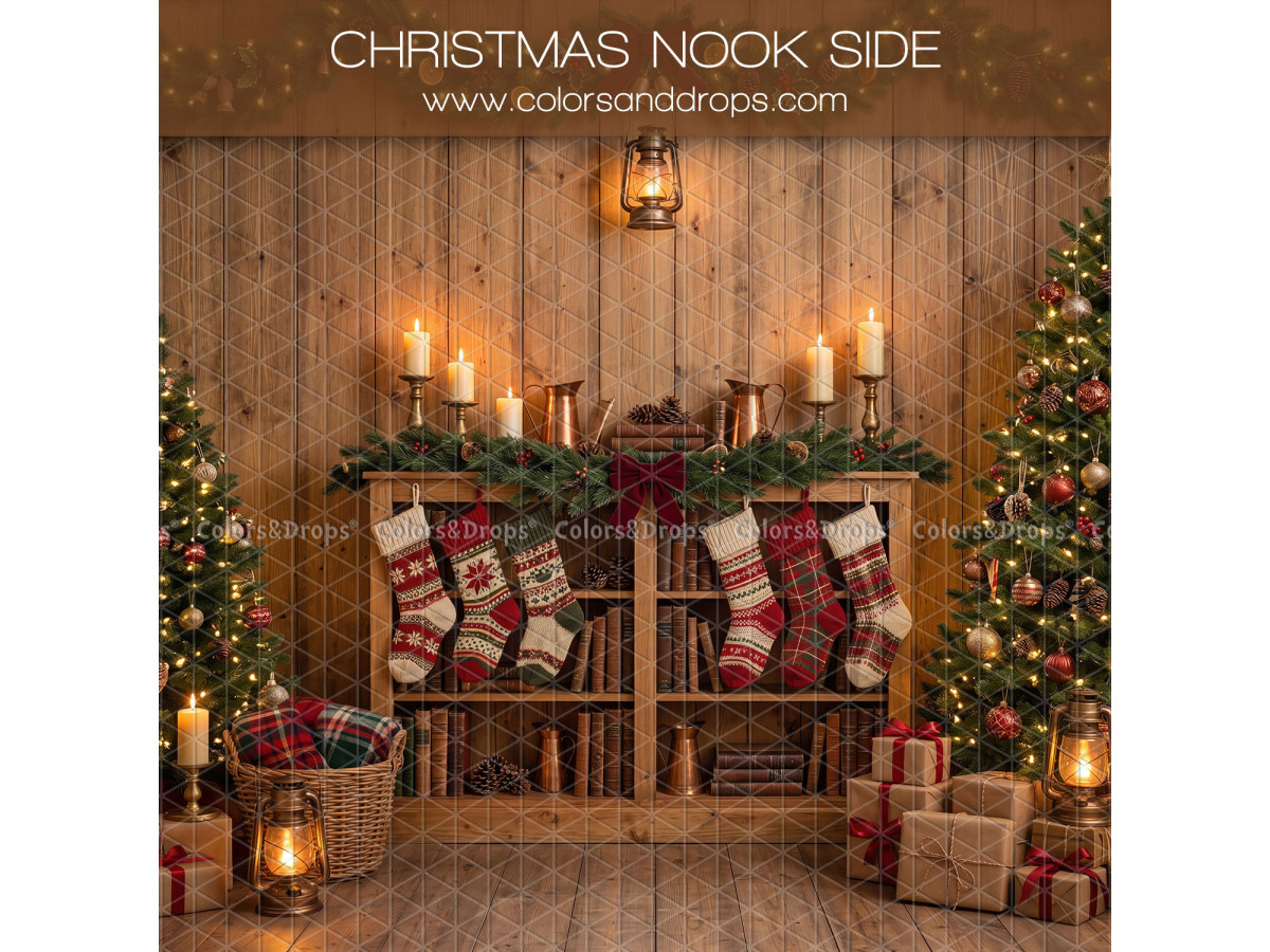 Fond photo latéral de Noël Christmas Nook Side – étagère de Noël avec chaussettes et bougies | Colors&Drops