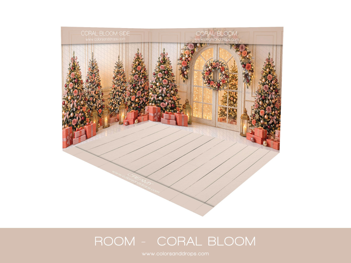 Fond photo d'angle de Noël Coral Bloom – salon de Noël corail en coin avec parquet clair | Colors&Drops
