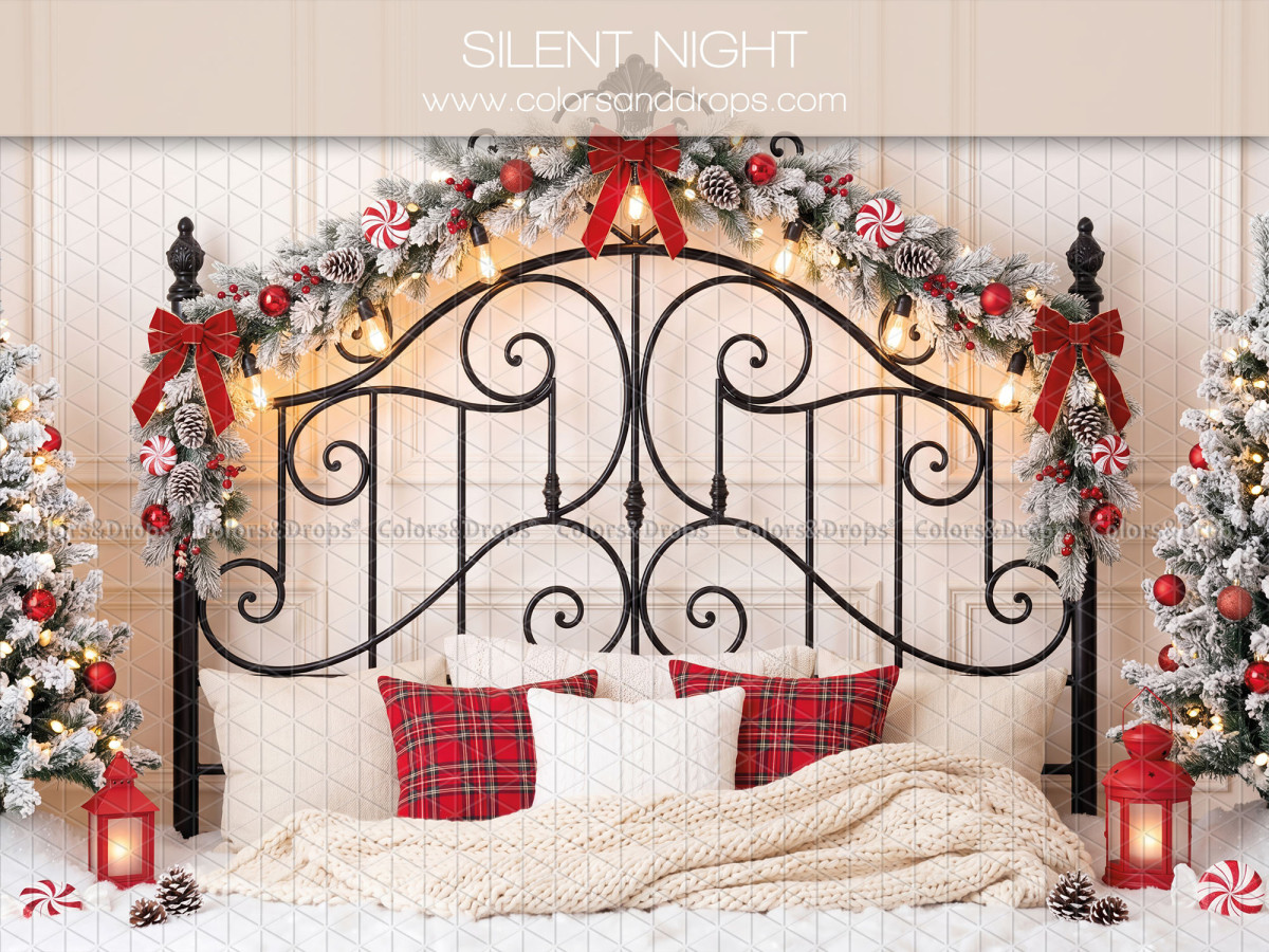 Fond photo de Noël Silent Night – lit en fer forgé de Noël avec guirlande et plaids | Colors&Drops