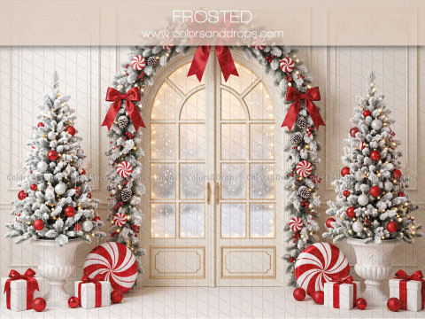 Fondo fotográfico de Navidad Frosted – puerta acristalada con arco navideño y bastones de caramelo | Colors&Drops