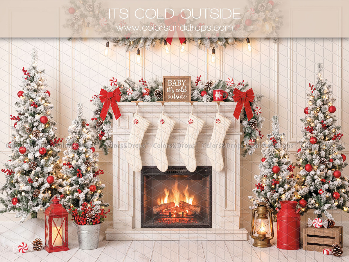 Fondo fotográfico de Navidad Its Cold Outside – chimenea blanca navideña con calcetines y faroles | Colors&Drops