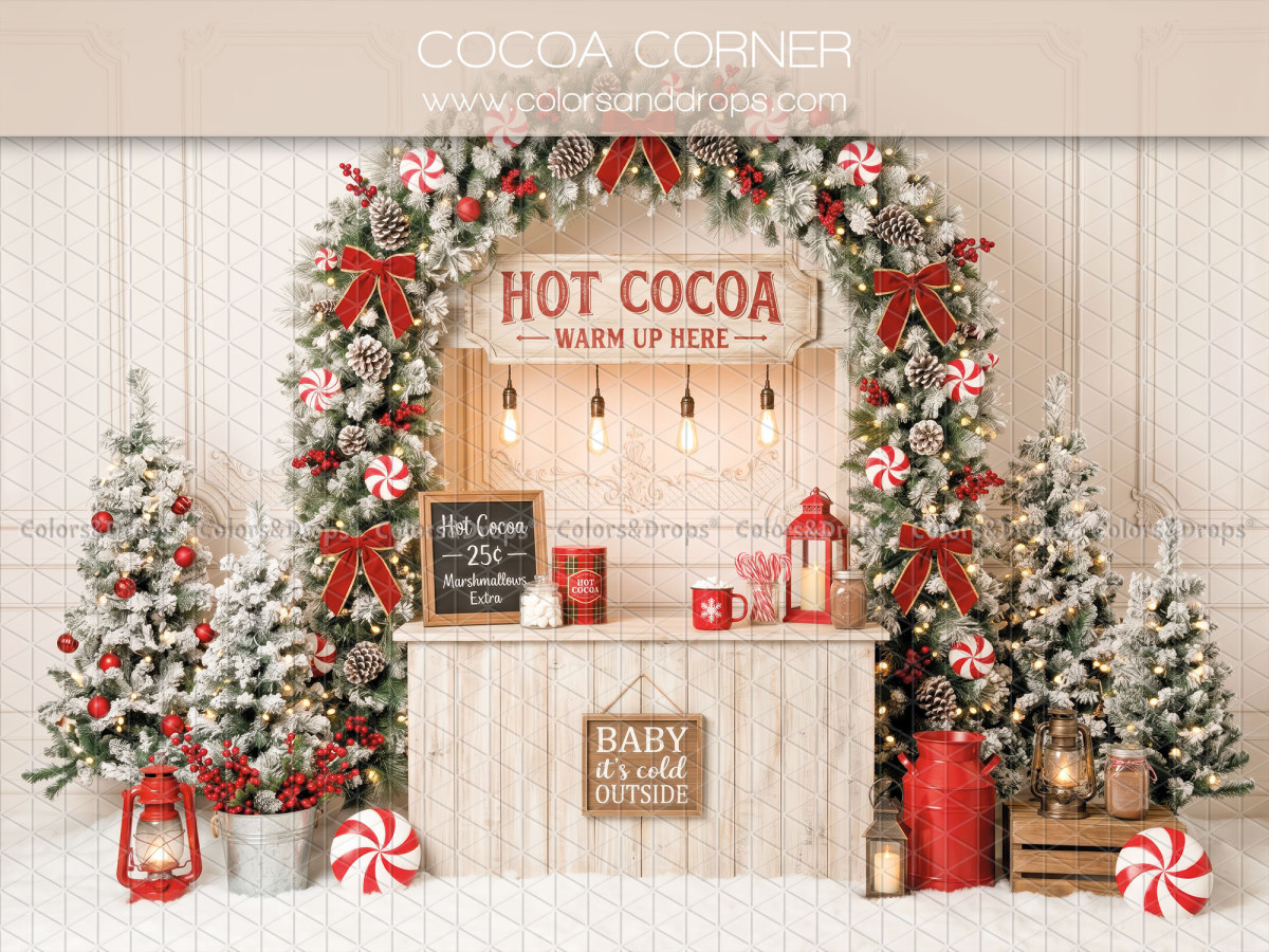Fondo fotográfico de Navidad Cocoa Corner – puesto Hot Cocoa navideño con arco y árboles | Colors&Drops