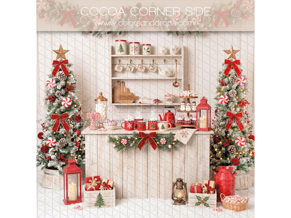 Fond photo latéral de Noël Cocoa Corner Side – buffet Hot Cocoa blanc avec tasses et sapins | Colors&Drops