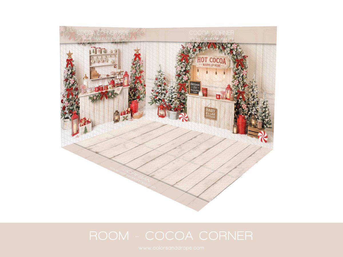 Fondo fotográfico de esquina de Navidad Cocoa Corner – chocolate navideño en esquina con parquet | Colors&Drops