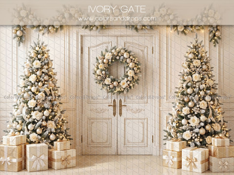 Christmas photo backdrop Ivory Gate – white Christmas door with wreath and golden trees | Colors&Drops