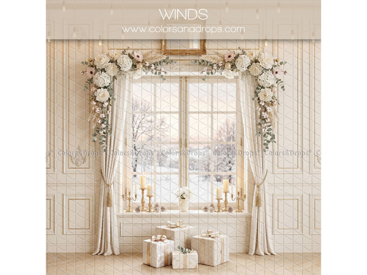 Christmas side photo backdrop Winds – snowy window with floral garland and curtains | Colors&Drops