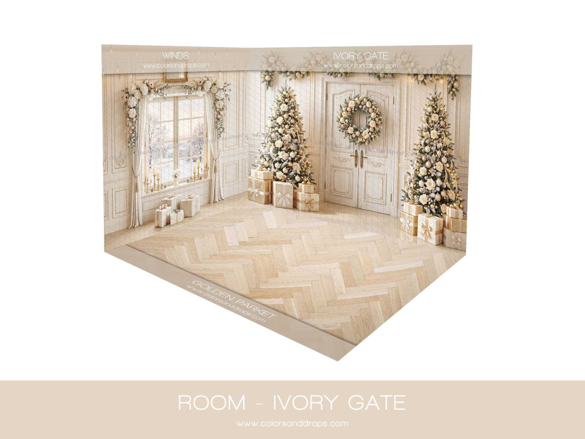 Fond photo d'angle de Noël Ivory Gate – salon de Noël ivoire en coin avec parquet chevron | Colors&Drops