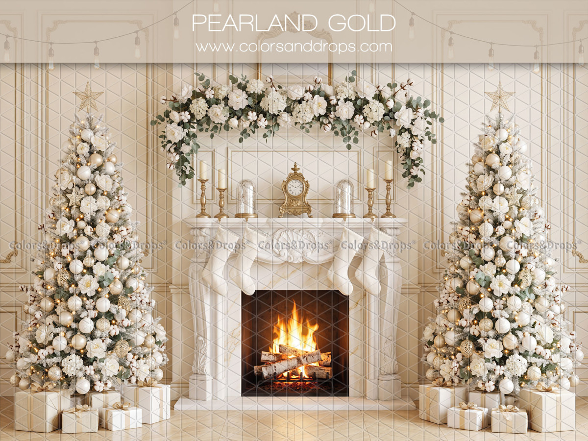 Fondo fotográfico de Navidad Pearland Gold – chimenea blanca con árboles nacarados y dorados | Colors&Drops