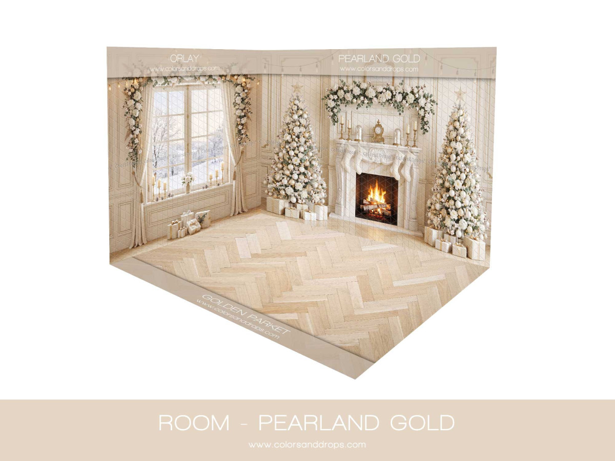 Fondo fotográfico de esquina de Navidad Pearland Gold – salón navideño nacarado en esquina con parquet | Colors&Drops