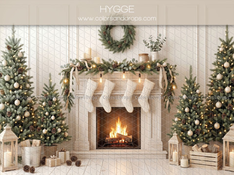 Christmas photo backdrop Hygge – white hygge fireplace with stockings and trees | Colors&Drops
