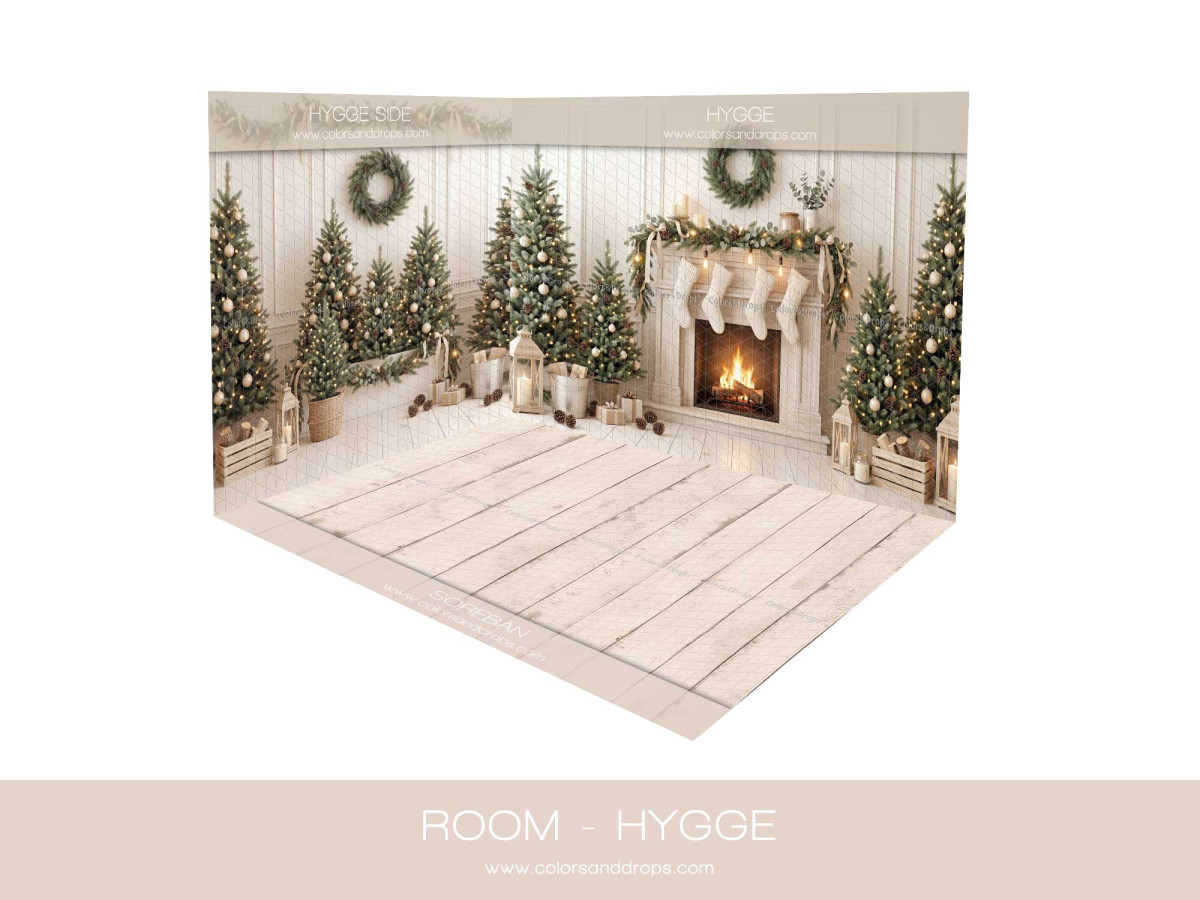 Fond photo d'angle de Noël Hygge – salon hygge de Noël en coin avec parquet clair | Colors&Drops