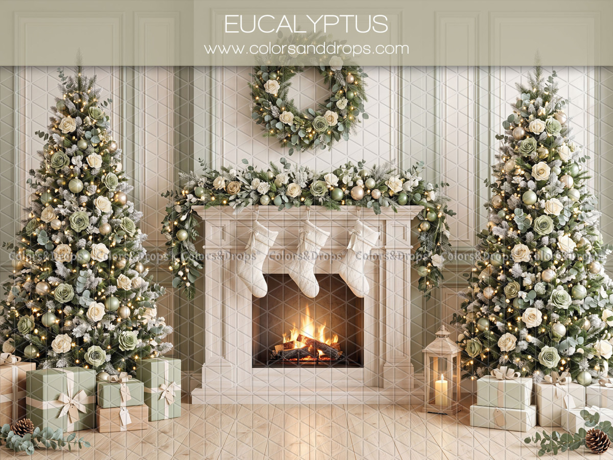 Fond photo de Noël Eucalyptus – cheminée de Noël eucalyptus avec sapins et chaussettes | Colors&Drops