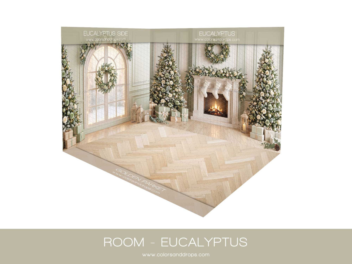 Fond photo d'angle de Noël Eucalyptus – salon eucalyptus de Noël en coin avec parquet chevron | Colors&Drops