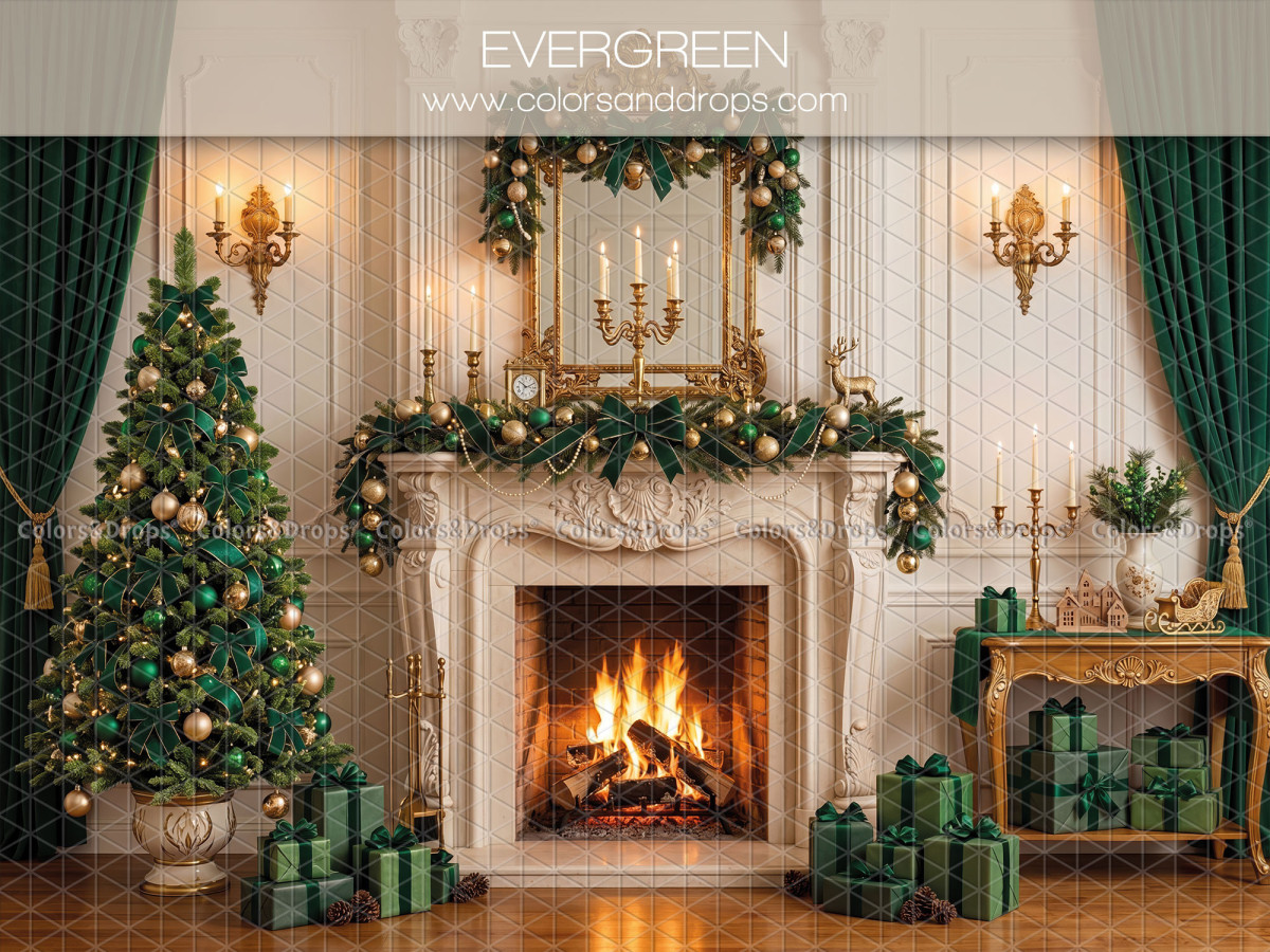 Fondo fotográfico de Navidad Evergreen – salón navideño clásico con chimenea y cortinas verdes | Colors&Drops