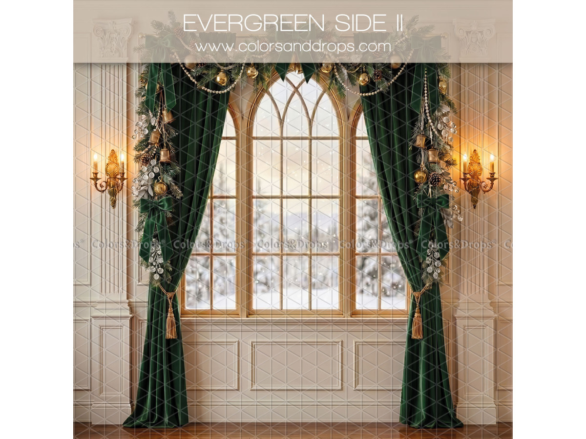 Fond photo latéral de Noël Evergreen Side II – fenêtre enneigée avec rideaux en velours vert | Colors&Drops