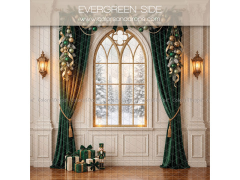Fond photo latéral de Noël Evergreen Side – fenêtre gothique enneigée avec rideaux verts | Colors&Drops