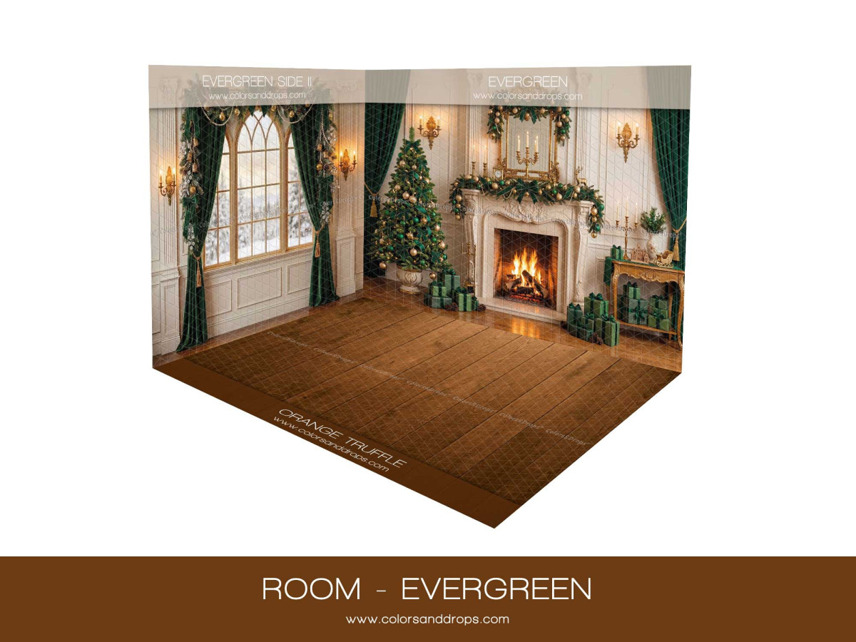Fondo fotográfico de esquina de Navidad Evergreen – salón navideño verde en esquina con parquet | Colors&Drops
