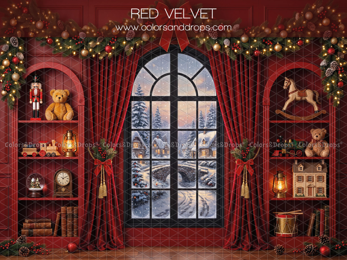 Fond photo de Noël Red Velvet – salon rouge velours avec fenêtre enneigée et étagères | Colors&Drops