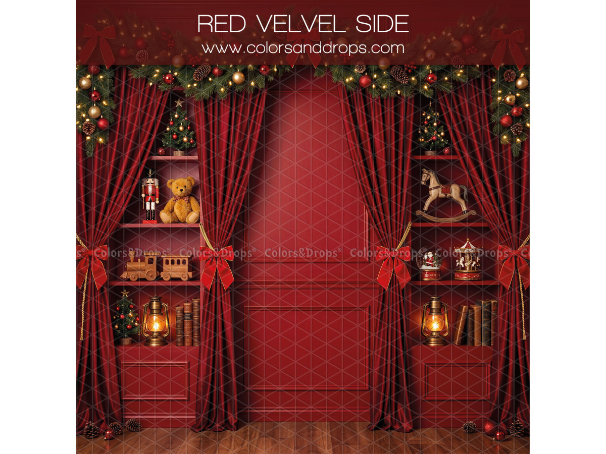 Fondo fotográfico lateral de Navidad Red Velvet Side – pared roja con cortinas de terciopelo y estantes de | Colors&Drops