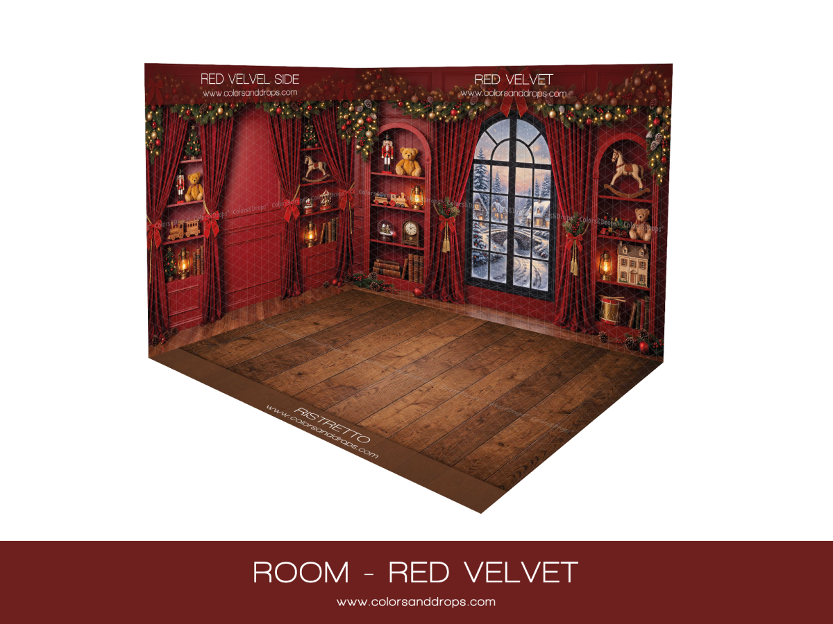 Fondo fotográfico de esquina de Navidad Red Velvet – salón navideño de terciopelo rojo en esquina con parquet | Colors&Drops