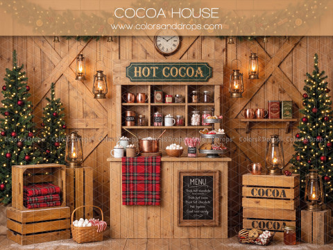 Fond photo de Noël Cocoa House – stand Hot Cocoa en bois avec sapins et caisses | Colors&Drops