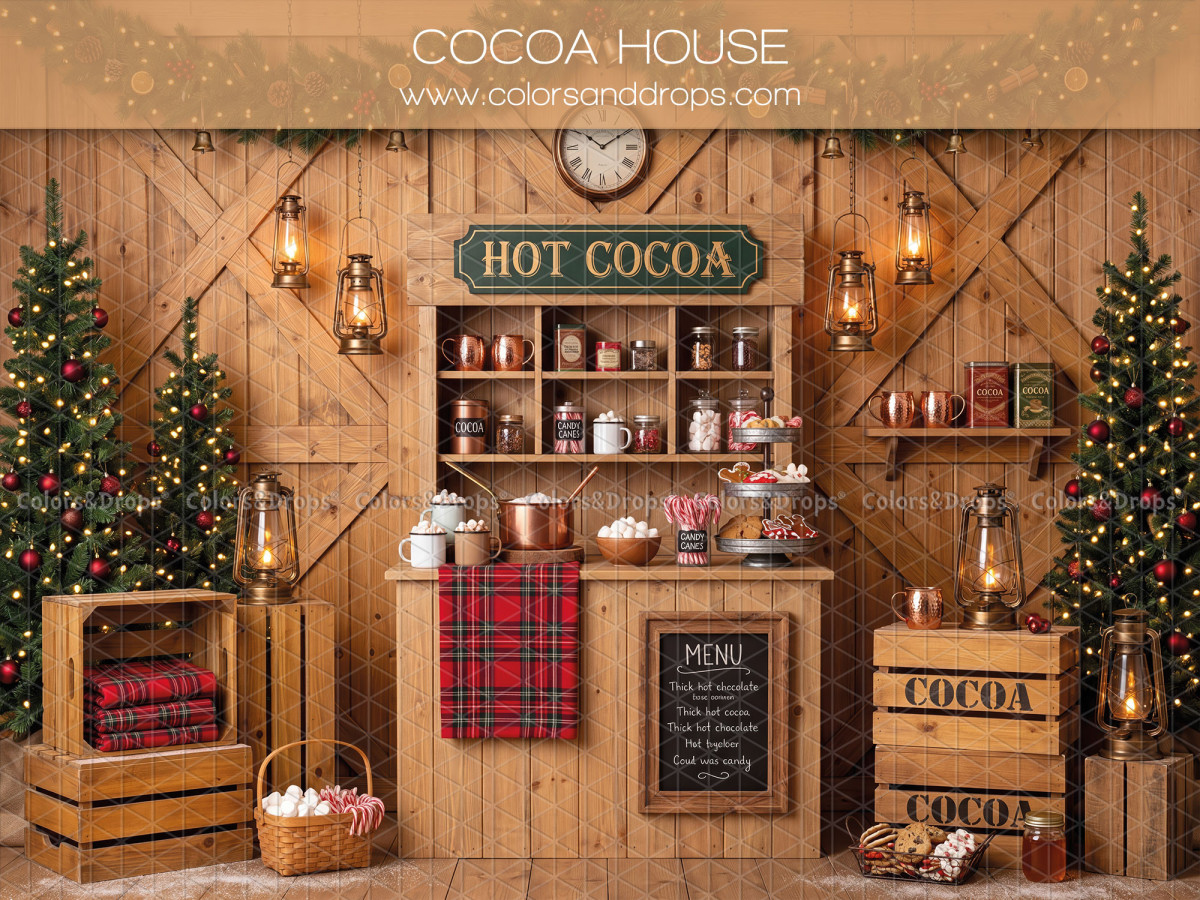Fondo fotográfico de Navidad Cocoa House – puesto Hot Cocoa de madera con árboles y cajas | Colors&Drops