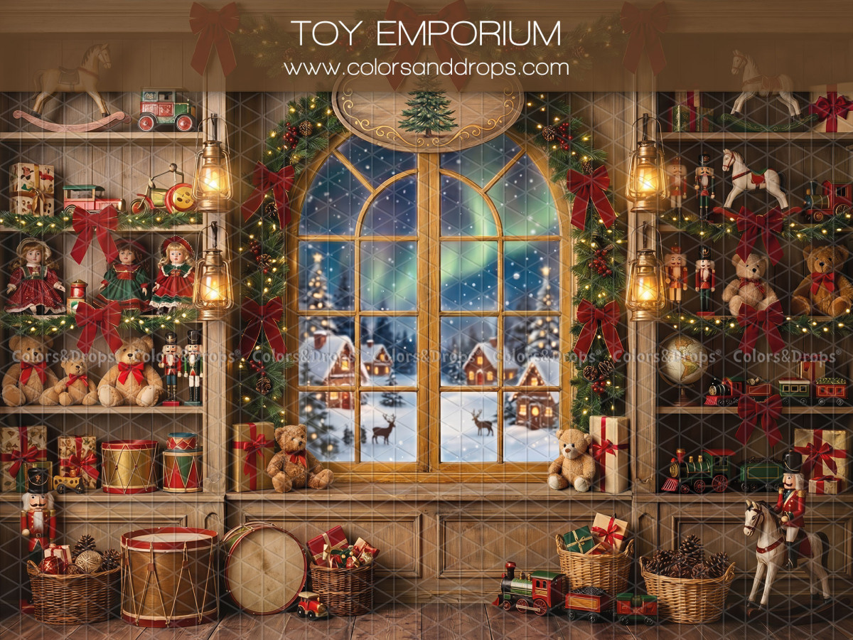 Fond photo de Noël Toy Emporium – magasin de jouets de Noël avec fenêtre aurore boréale | Colors&Drops