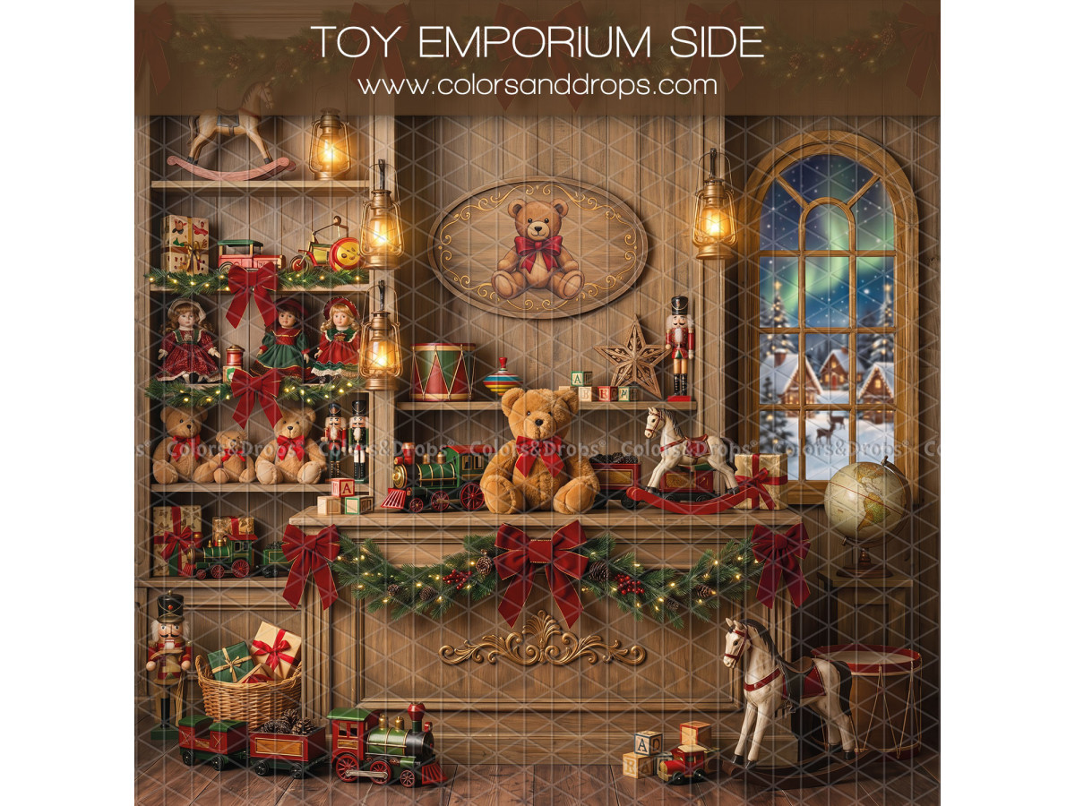 Fond photo latéral de Noël Toy Emporium Side – comptoir de magasin de jouets avec ours et cheval | Colors&Drops