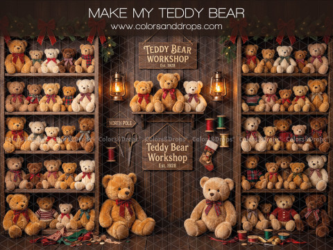 Fond photo de Noël Make My Teddy Bear – atelier d'ours en peluche avec étagères d'oursons | Colors&Drops