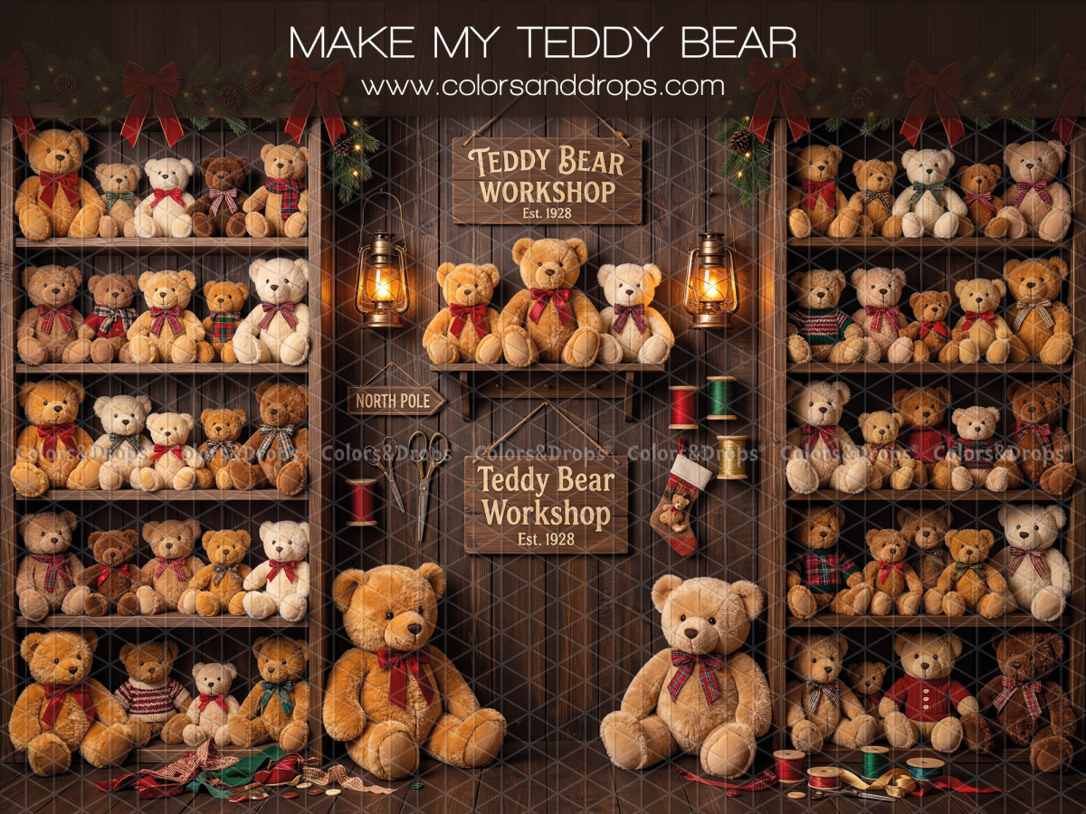 Fond photo de Noël Make My Teddy Bear – atelier d'ours en peluche avec étagères d'oursons | Colors&Drops