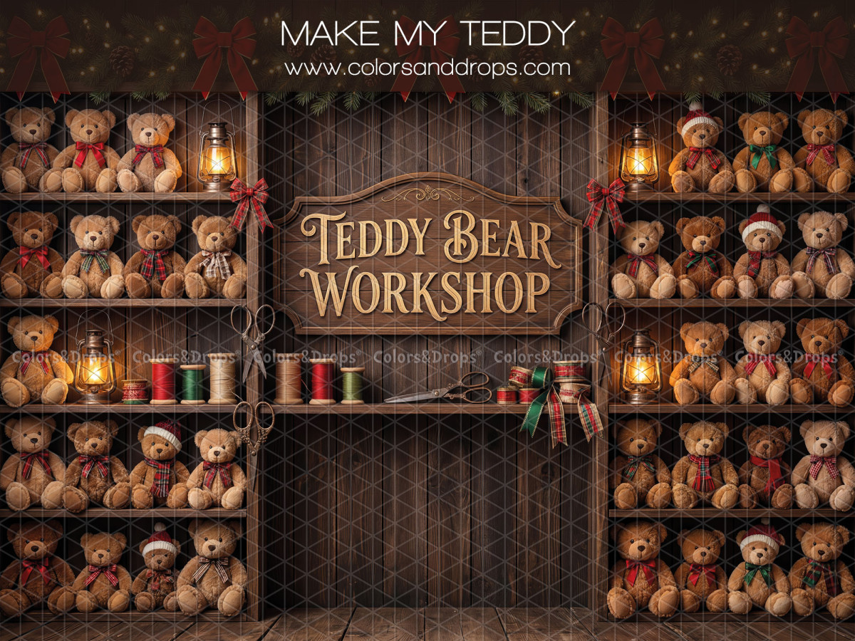 Fond photo de Noël Make My Teddy – enseigne Teddy Bear Workshop entre étagères d'oursons | Colors&Drops