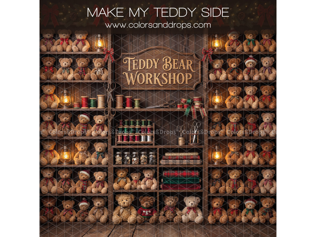 Fondo fotográfico lateral de Navidad Make My Teddy Side – estantes de ositos y bobinas de hilo | Colors&Drops