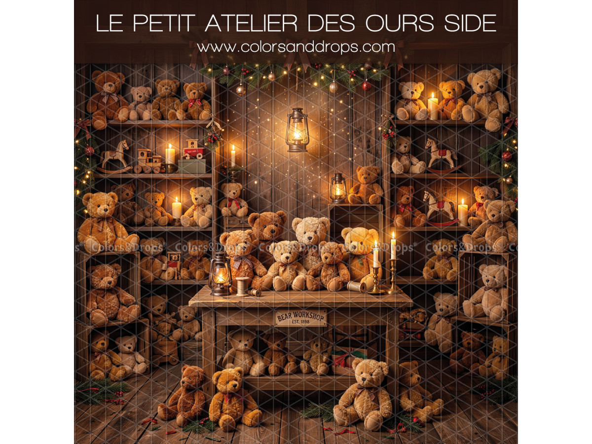 Fond photo latéral de Noël Le Petit Atelier des Ours Side – atelier d'oursons avec établi | Colors&Drops