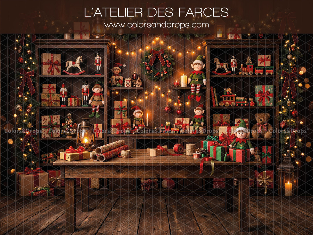 Fond photo de Noël L'Atelier des Farces – atelier des lutins avec établi et jouets de Noël | Colors&Drops