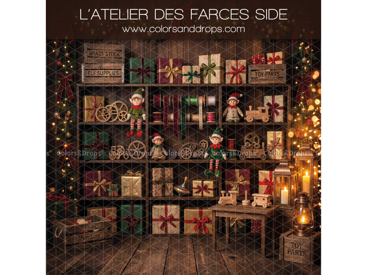 Fond photo latéral de Noël L'Atelier des Farces Side – étagères de cadeaux et jouets de lutins | Colors&Drops