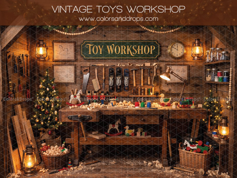 Fond photo de Noël Vintage Toys Workshop – atelier de jouets vintage avec établi et outils | Colors&Drops