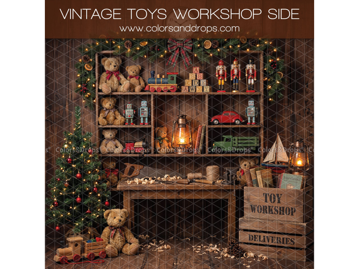 Fond photo latéral de Noël Vintage Toys Workshop Side – étagère de jouets vintage avec ours et caisse | Colors&Drops