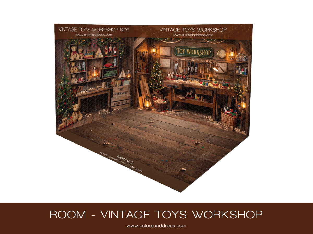 Fond photo d'angle de Noël Vintage Toys Workshop Side – atelier de jouets vintage en coin avec parquet | Colors&Drops