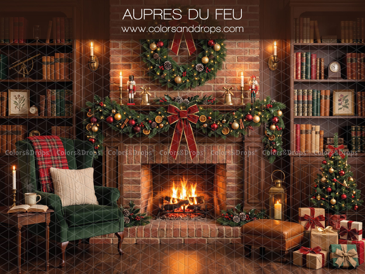 Fond photo de Noël Aupres du Feu – cheminée en brique de Noël avec fauteuil vert | Colors&Drops