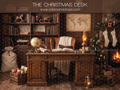Fond photo de Noël The Christmas Desk – bureau du Père Noël avec globe, carte et sacs | Colors&Drops