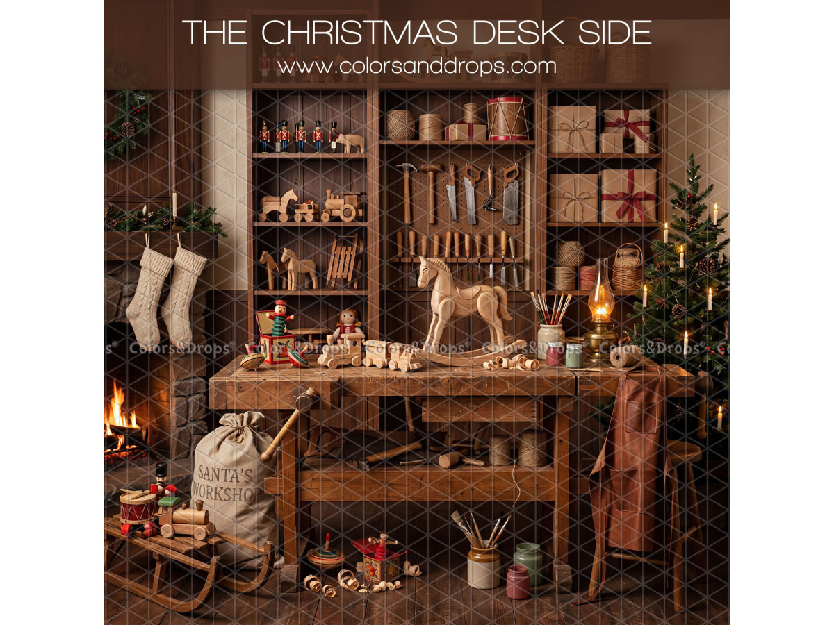 Fondo fotográfico lateral de Navidad The Christmas Desk Side – banco de Papá Noel con caballo de madera y | Colors&Drops