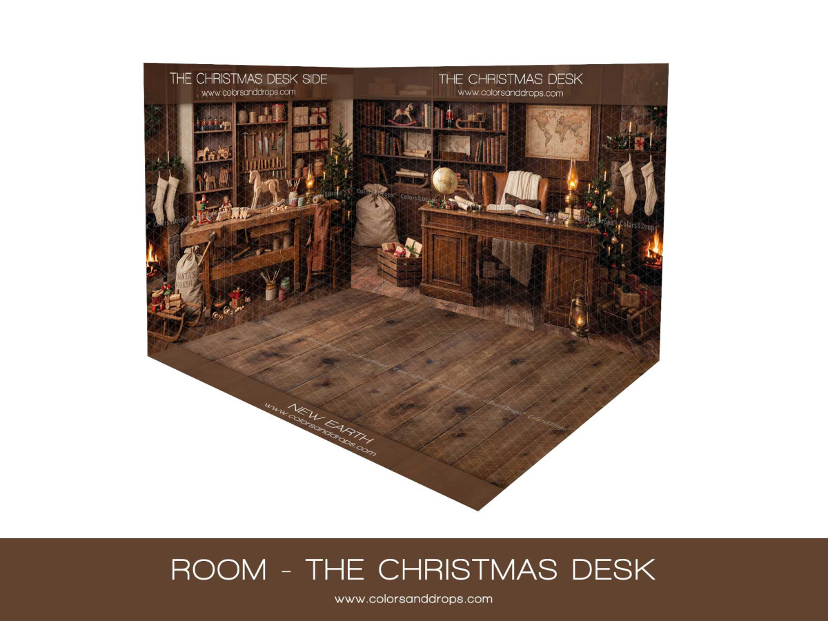 Fond photo d'angle The Christmas Desk – bureau du Père Noël en coin avec parquet | Colors&Drops