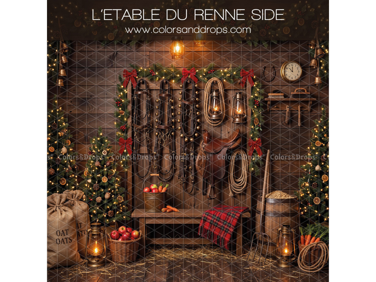 Fond photo latéral de Noël L'Etable du Renne Side – sellerie de l'étable avec harnais et plaid | Colors&Drops