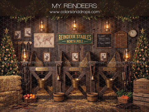 Fond photo de Noël My Reindeers – écuries des rennes avec box, carte et foin | Colors&Drops