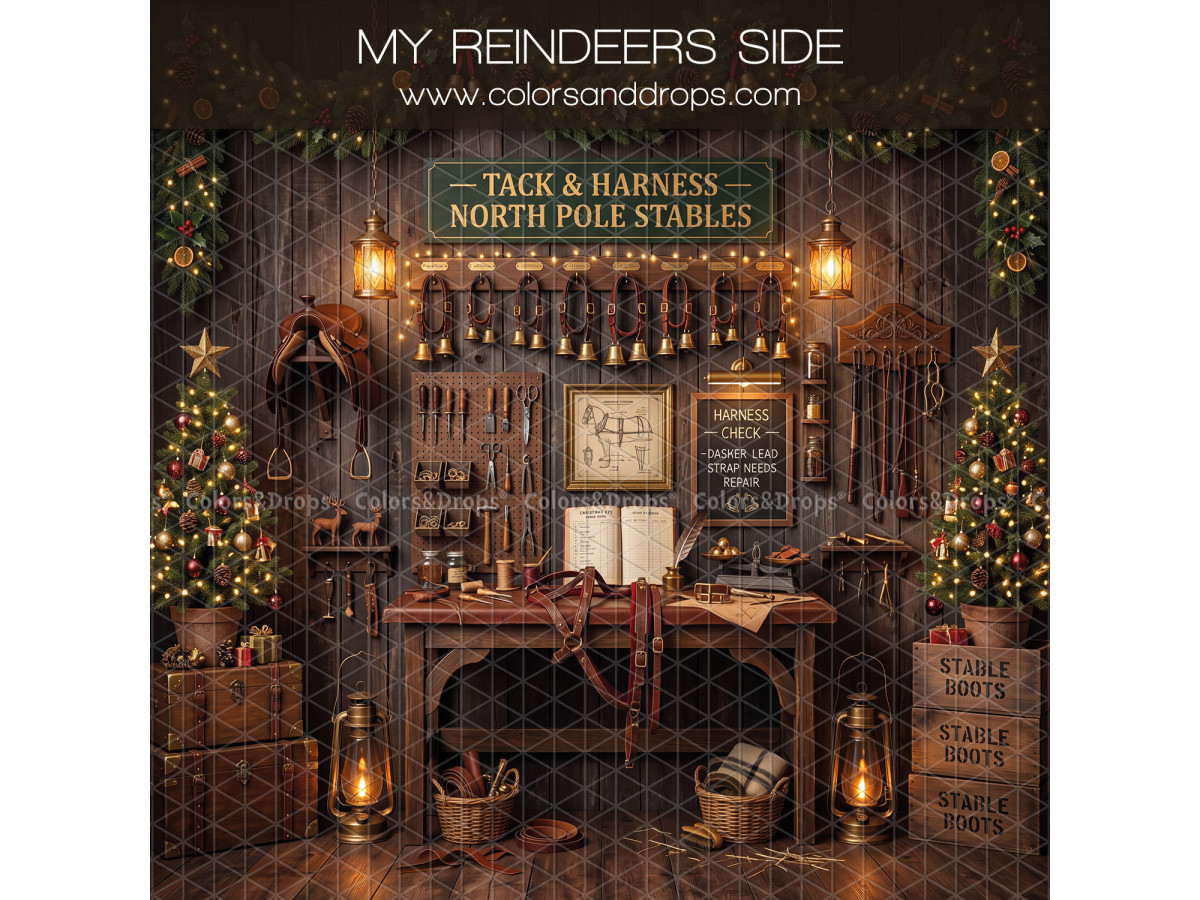 Christmas side photo backdrop My Reindeers Side – North Pole tack room with harnesses and desk | Colors&Drops